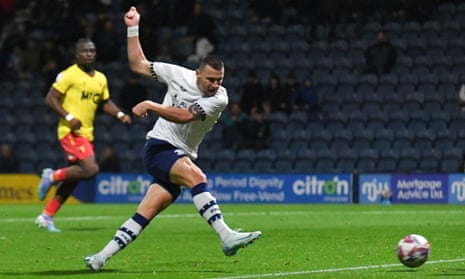 Milutin Osmajic scores Preston's first goal in their 3-0 win over Watford in the Championship.