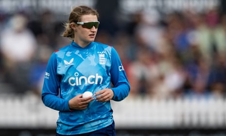 Charlie Dean looks on holding the ball during the 3rd Women's Metro Bank ODI between England and New Zealand at Seat Unique Stadium in Bristol