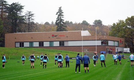 A general view of England players during a training session at England Rugby Performance Centre at Pennyhill Park, Bagshot