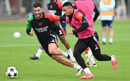 Mikel Merino (left) battles with Gabriel Jesus during an Arsenal training session.