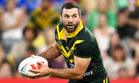 James Tedesco of the Kangaroos passes during the men's Pacific Championship match between Australia and Samoa in 2023