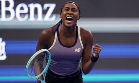 Coco Gauff celebrates beating Paula Badosa in the semi-finals of the China Open