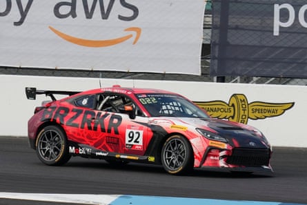 Keanu Reeves drives during the GR Cup Series auto race at Indianapolis Motor Speedway on Saturday.