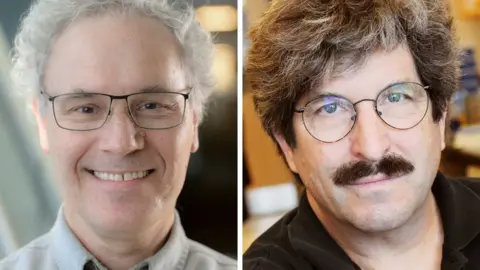 Reuters Profile pictures of Victor Ambros and Gary Ruvkun placed side by side. Victor is smiling with a head of grey curly hair while Gary is sporting darker hair tinged with grey and a dark brown moustache.