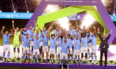 Kyle Walker lifts the Club World Cup after Manchester City’s 4-0 defeat of Fluminense in the 2023 final