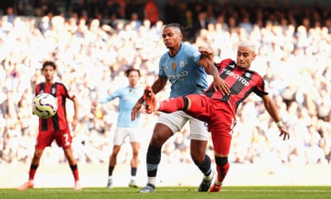 Andreas Pereira gets to the ball first to put Fulham 1-0 up at Manchester City.