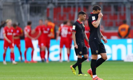 Granit Xhaka reacts after Leverkusen let a two-goal lead slip at home to Holstein Kiel.