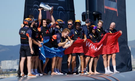 Ben Ainslie’s Ineos Britannia crew celebrate after securing their place in the America’s Cup.