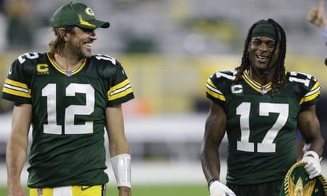 Aaron Rodgers and Davante Adams in 2021, when they were members of the Green Bay Packers.