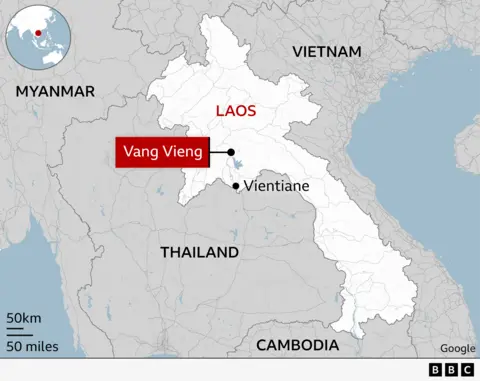 Map of Laos located in south-east Asia bordered by Vietnam, Myanmar, Thailand and Cambodia. The Laos capital Vientane sits on the border with Thailand and the town of Vang Vieng is 130km (80 miles) north of it.