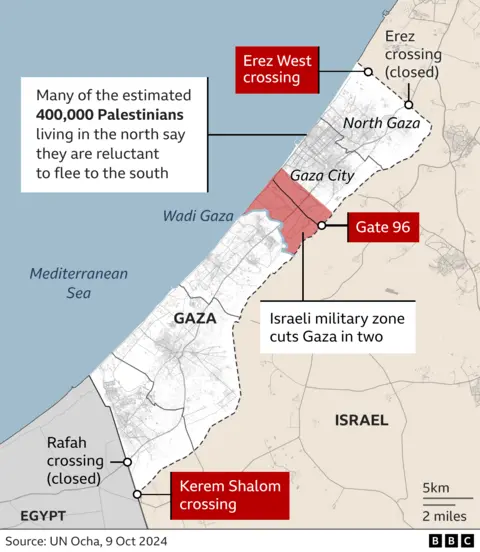 Map showing the aid entry points and the military zone bifurcating north and south Gaza.