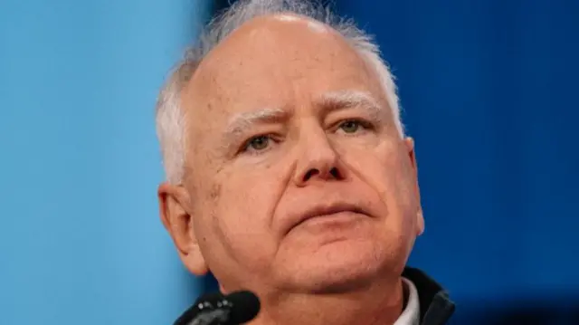 Tim Walz speaks at a campaign event in Green Bay, Wisconsin on Monday