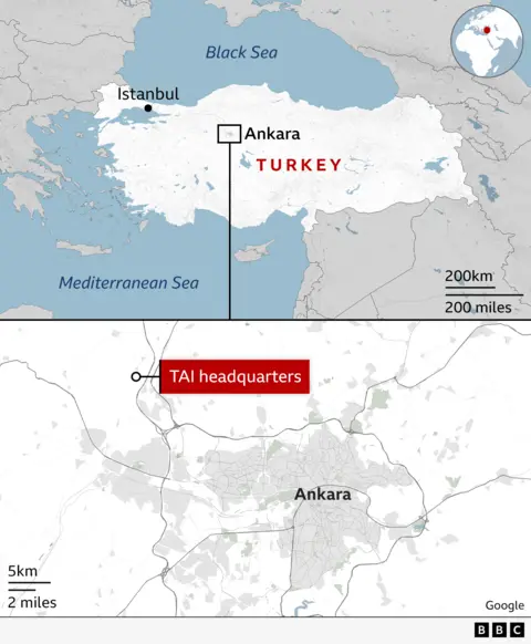 Two maps. One shows Turkey, with the Black Sea above it and the Mediterranean Sea beneath it. A black dot in far western Turkey shows where Istanbul is. A square labelled Ankara is near the centre of Turkey. The second map shows Ankara, with the TAI headquarters labelled in the far outskirts of the city in the north-west.