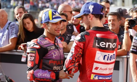 Jorge Martín (left) congratulates Francesco Bagnaia after the race.