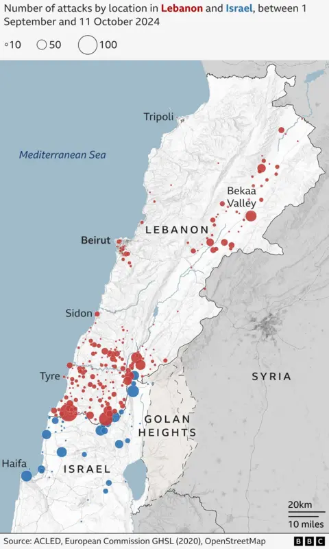 Map showing number of attacks by location in Lebanon and Israel