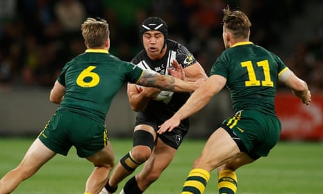 Jahrome Hughes of New Zealand runs with the ball during a Pacific Championship Test against Australia