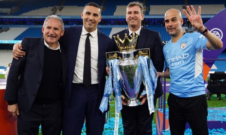 The Manchester City manager, Pep Guardiola, alongside chairman Khaldoon Al Mubarak, chief executive Ferran Soriano and director of football, Txiki Begiristain.