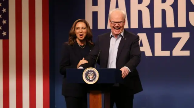 Maya Rudolph, who plays Harris, seen with Jim Gaffigan playing her running mate Tim Walz