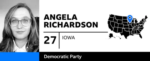 Graphic with photo of Angela Richardson, 27, of Iowa