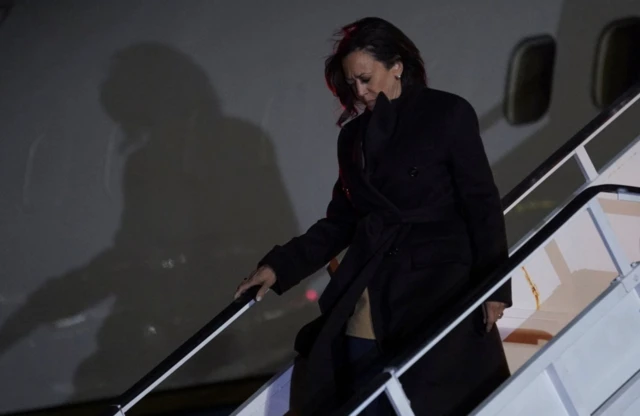 Kamala Harris disembarked Air Force Two as she arrived at LaGuardia Airport late on Saturday ahead of her appearance on SNL