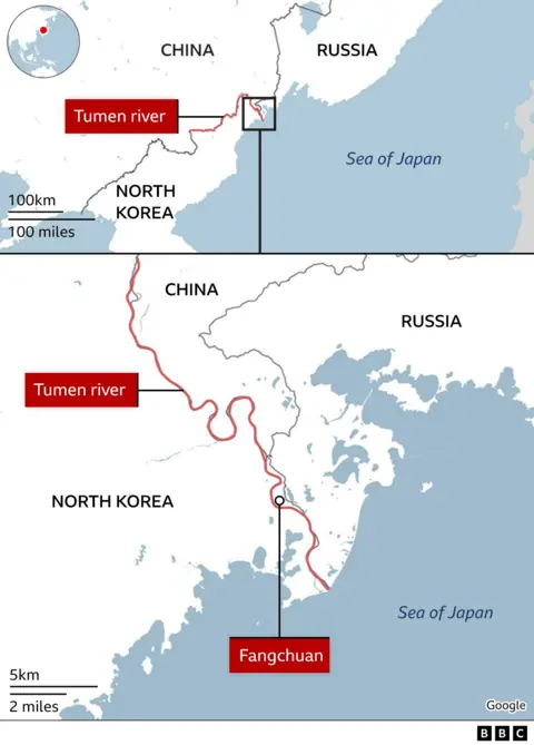 A map showing the strip of Chinese land that lies between North Korea and Russia, where all three borders meet.