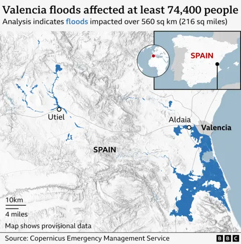 A map of central eastern Spain, where blue indicates areas affected by recent flooding