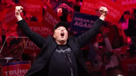 Getty Images Elon Musk with his fists raised and mouth open shouting at a Trump rally. He wears a black cap, T-shirt and blazer.