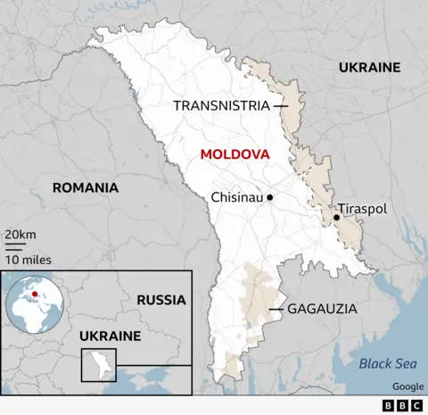 Map showing Moldova and the breakaway region of Transnistria