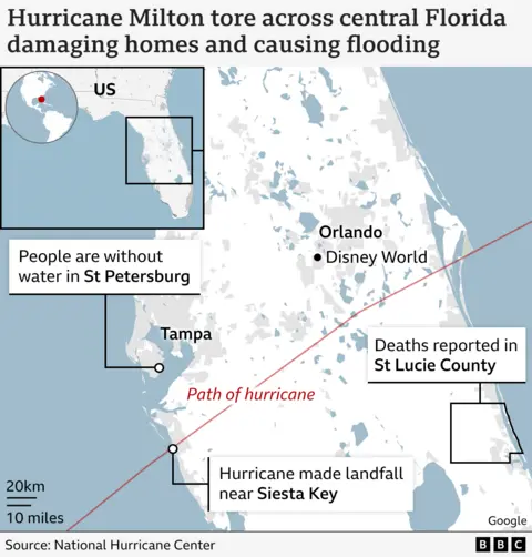 . BBC created map showing the path of Hurricane Milton across Florida. It shows the locations of St Petersburg, Siesta Key, Orlando, Disney World and St Lucie County.